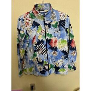 Koret Woman Nautical Map Print Zip Up Jacket Blue Sailboat Mock Neck 1X